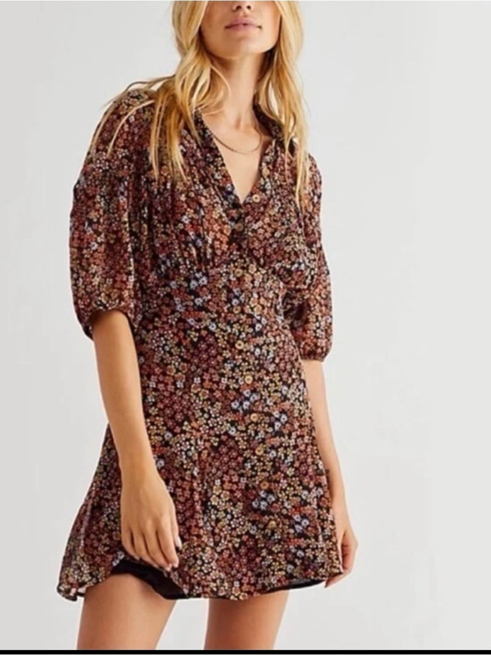 NWT Free People Bonnie V-Mini Dress Dusk Combo Floral Puff Sleeve